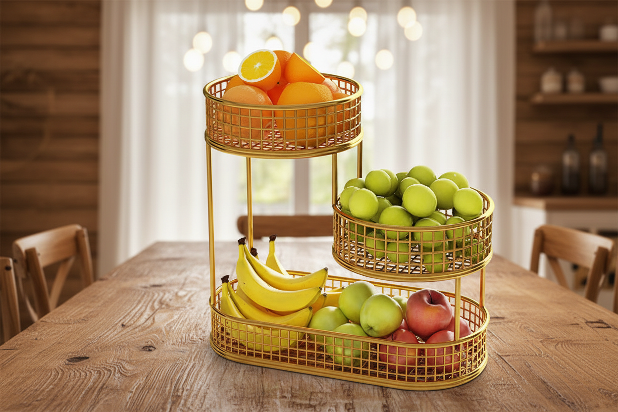 3-Tier Gold Fruit Basket - Warm Wood Background