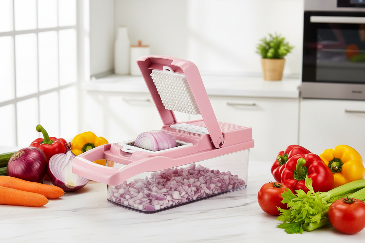 Pink Vegetable Dicer - Bright Kitchen Lifestyle