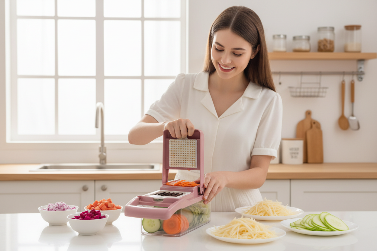 Woman Using Pink Vegetable Slicer - Lifestyle